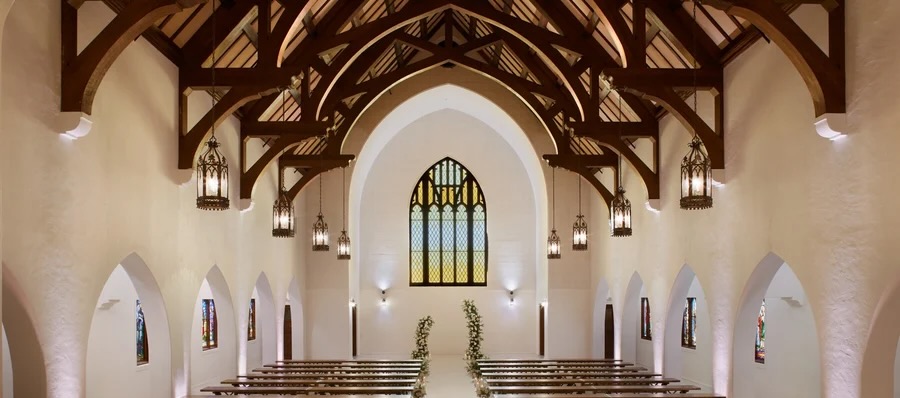 The Sanctuary interior — Gothic wood beams and arched ceilings